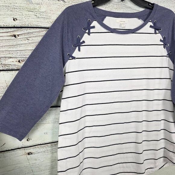 Maurices L Blue White Stripe Lace-Up Raglan Top - Picture 3 of 7